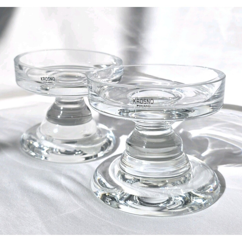 Crate & Barrel Cambridge 3" Pillar Candle Holders Clear Glass Poland Set of 2